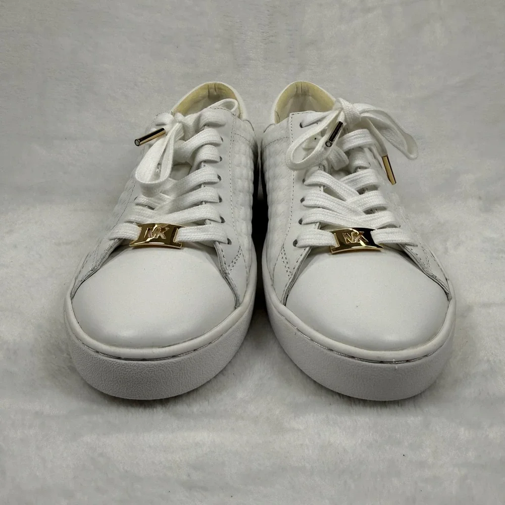 NEW Michael Kors Keaton White Leather Embossed MK Logo Sneakers Gold Hardware 7M